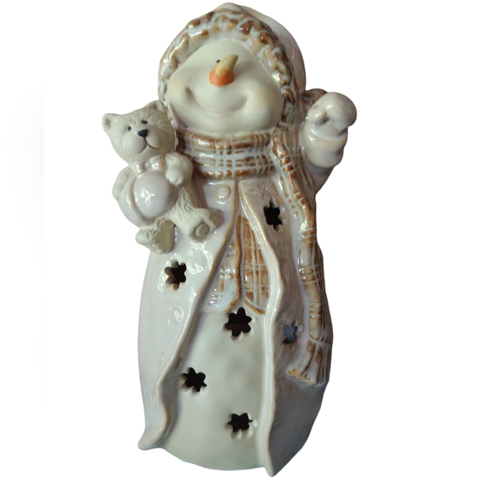 Snowman tea light candle holder with bear.
